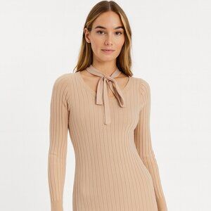 WAYF Beige Sweater Dress Size S NWT Low-Back Tie Midi Ribbed Knit